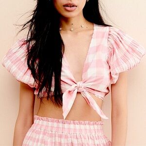 LoveShackFancy Shae Gingham Tie Front Top, NEW